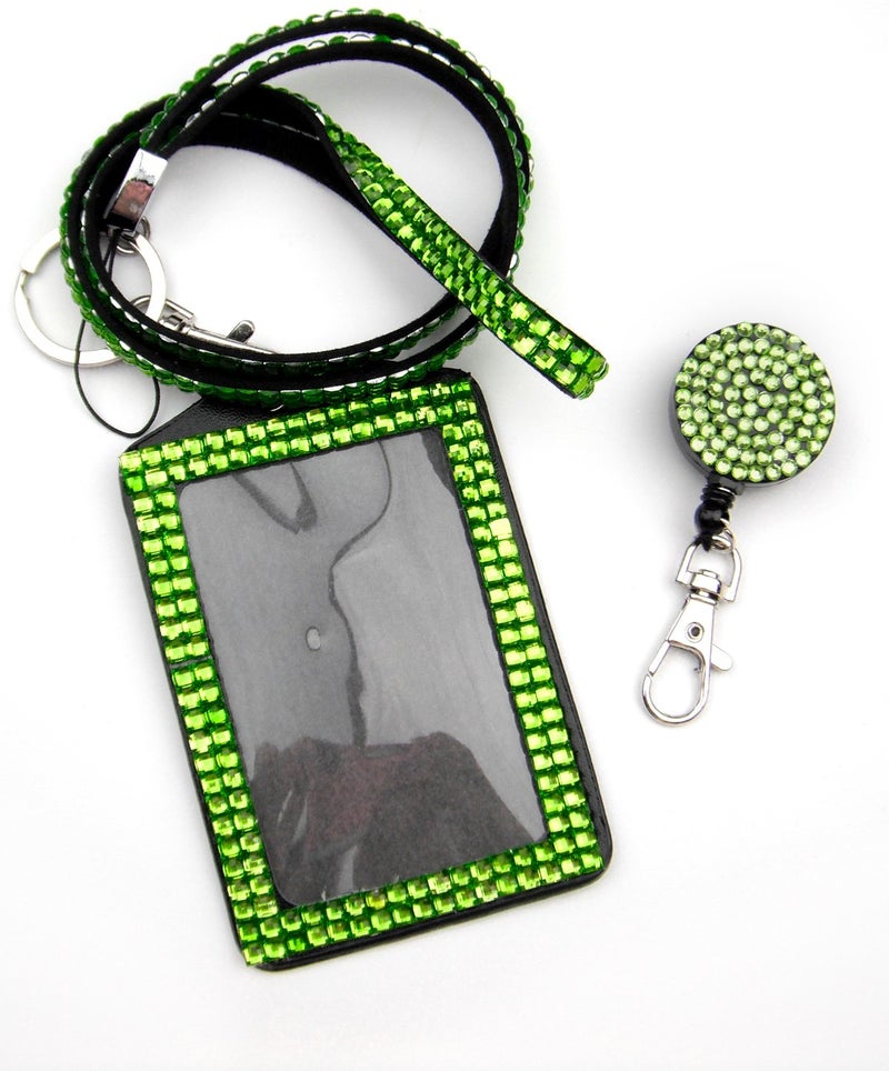 ALL in ONE Rhinestone Lanyard Bling Crystal Necklace + Badge Reel + Card Holder for Business Id/Key (Green)